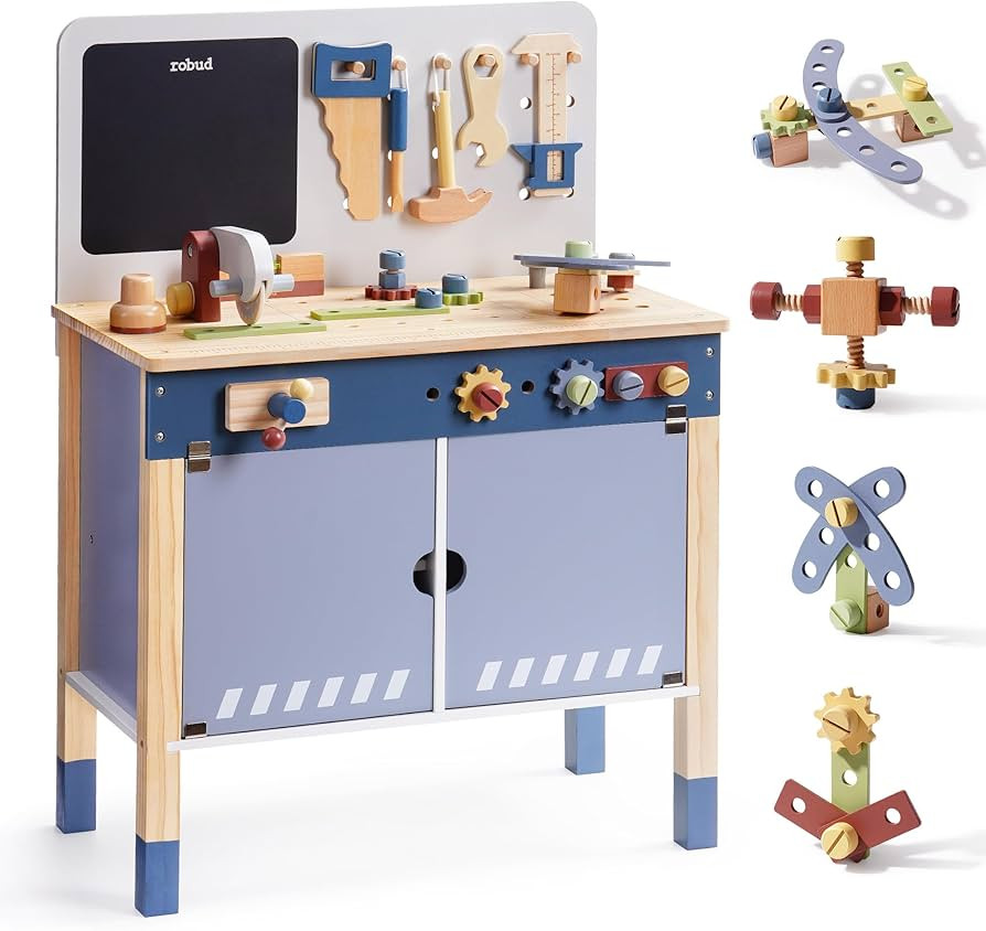 ROBUD Wooden Toy Workbench, Large Kid's Wooden Play Tool, Pretend Play Creative Building Set, Con... | Amazon (US)
