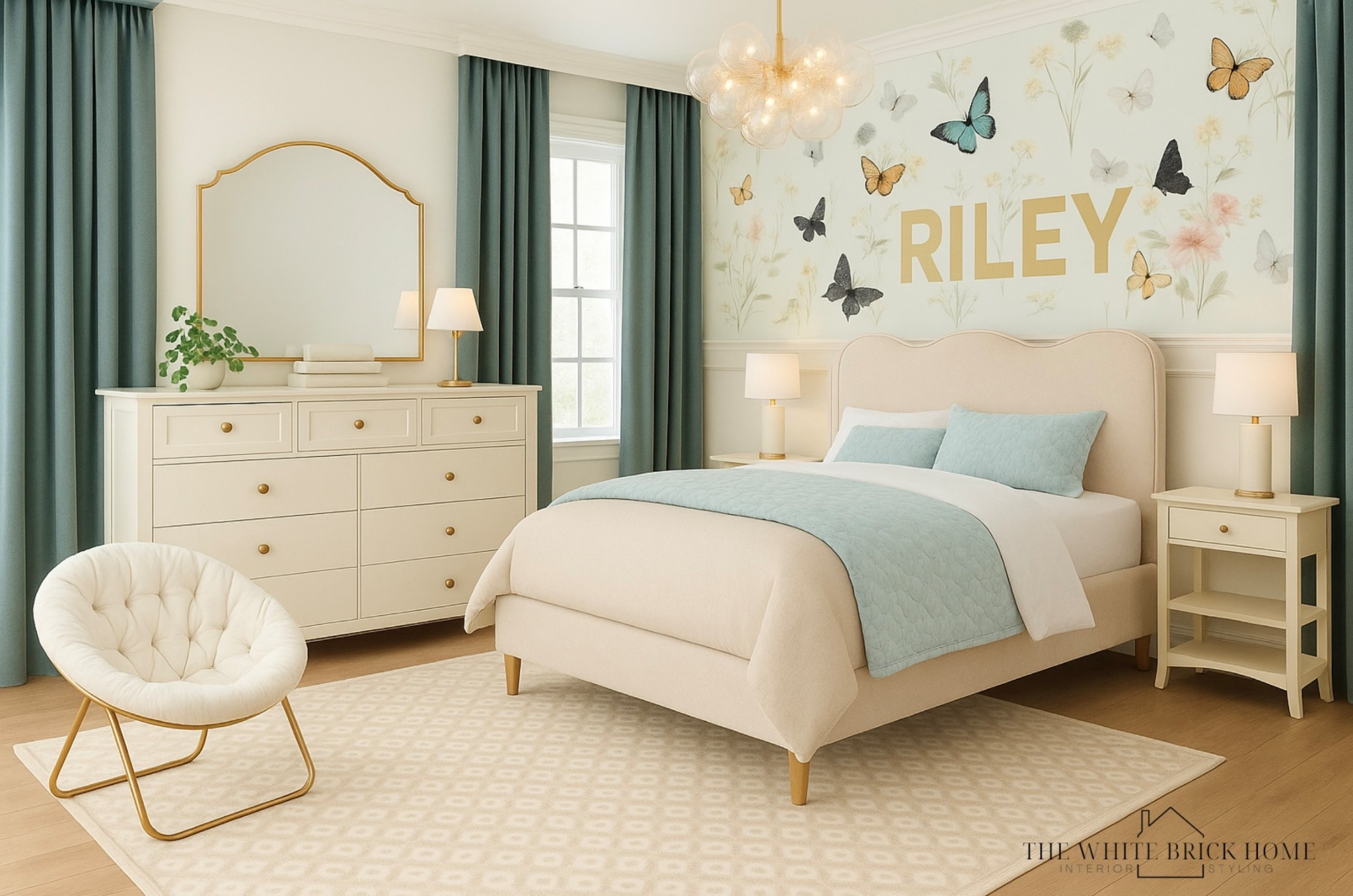 A beautiful view of this feminine, modern girls bedroom. I love this wallpaper paired with soft pastels and a neutral rug with a subtle pattern. 

Girls room, girls bedroom, kids room, kids bedroom, blue girls room, blue bedroom, girls room decor, girls room design, area rug, bedding, girls room bed, girls room dresser, girls room chair, girls room lighting, girls room lamp, girls room blue, curtains, wall name, toddler girl, butterfly bedroom, home decor, home design, kids room, Wayfair, pottery barn 

#LTKGiftGuide #LTKKids #LTKHoliday
