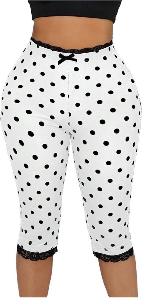 WDIRARA Women's Polka Dots Capris Pants Lace Trim Elastic High Waisted Skinny Yoga Leggings | Amazon (US)