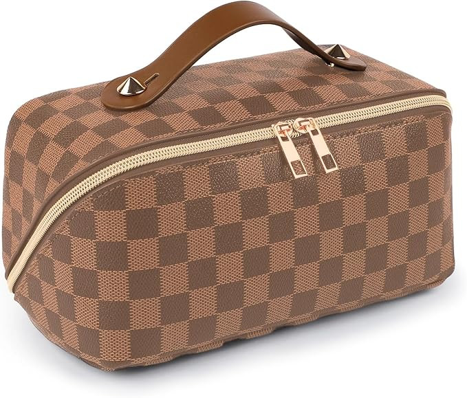 Leather Travel Makeup Bag, Large Capacity Cosmetic Bag for Women, Waterproof Portable Pouch with ... | Amazon (US)