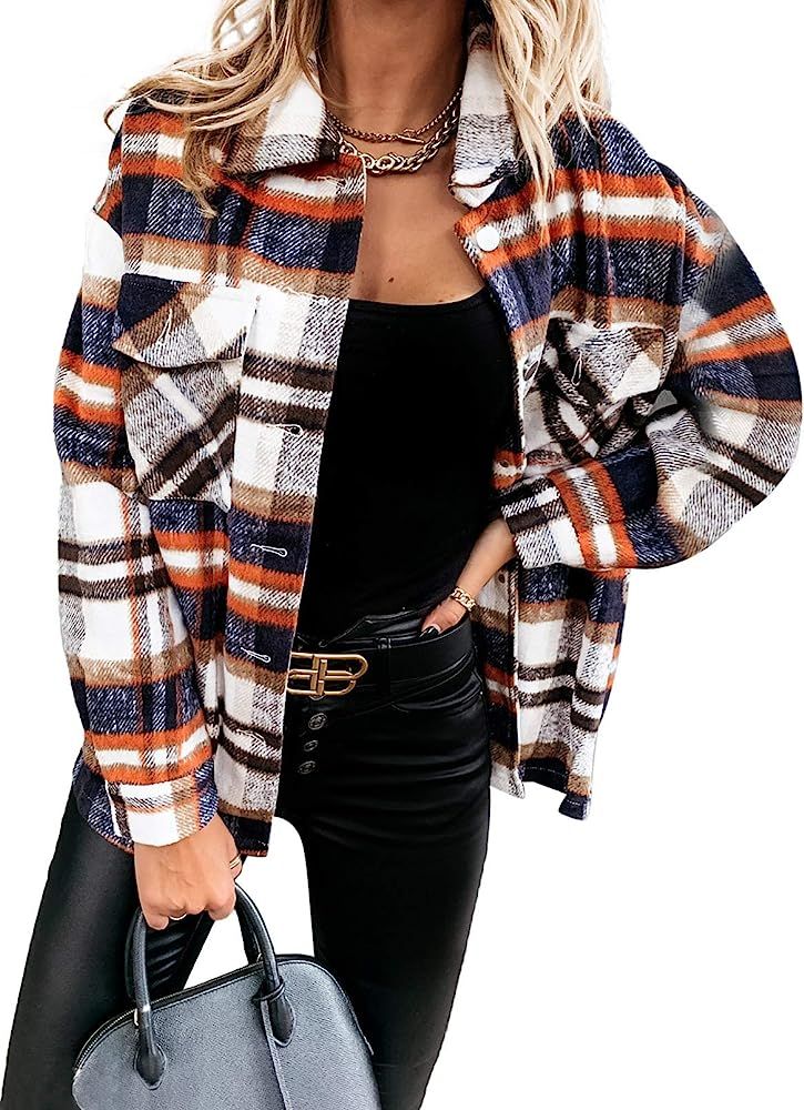 Sidefeel Women Plaid Long Sleeve Button Down Collar Long Shirt Oversized Coat | Amazon (US)