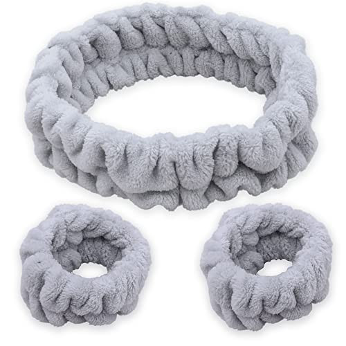 FROG SAC Spa Headband and Wristbands for Face Washing, Fuzzy Skincare Make Up Headbands Set for Women, Soft Puffy Makeup Skin Care Facewashing Hair Band Accessories for Girls (Gray) | Amazon (US)