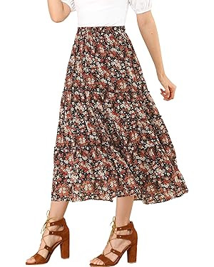 Allegra K Women's Floral Skirt Chiffon A-line Long Tiered Ruffle Boho Summer Midi Skirts | Amazon (US)