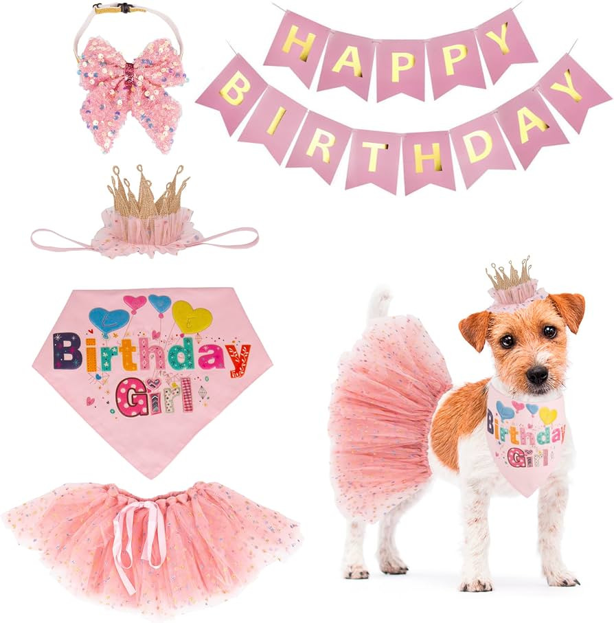 ADOGGYGO Dog Birthday Hat Bandana Girl - Puppy Birthday Party Supplies - Pink Tutu Hat Scarf Bow ... | Amazon (US)