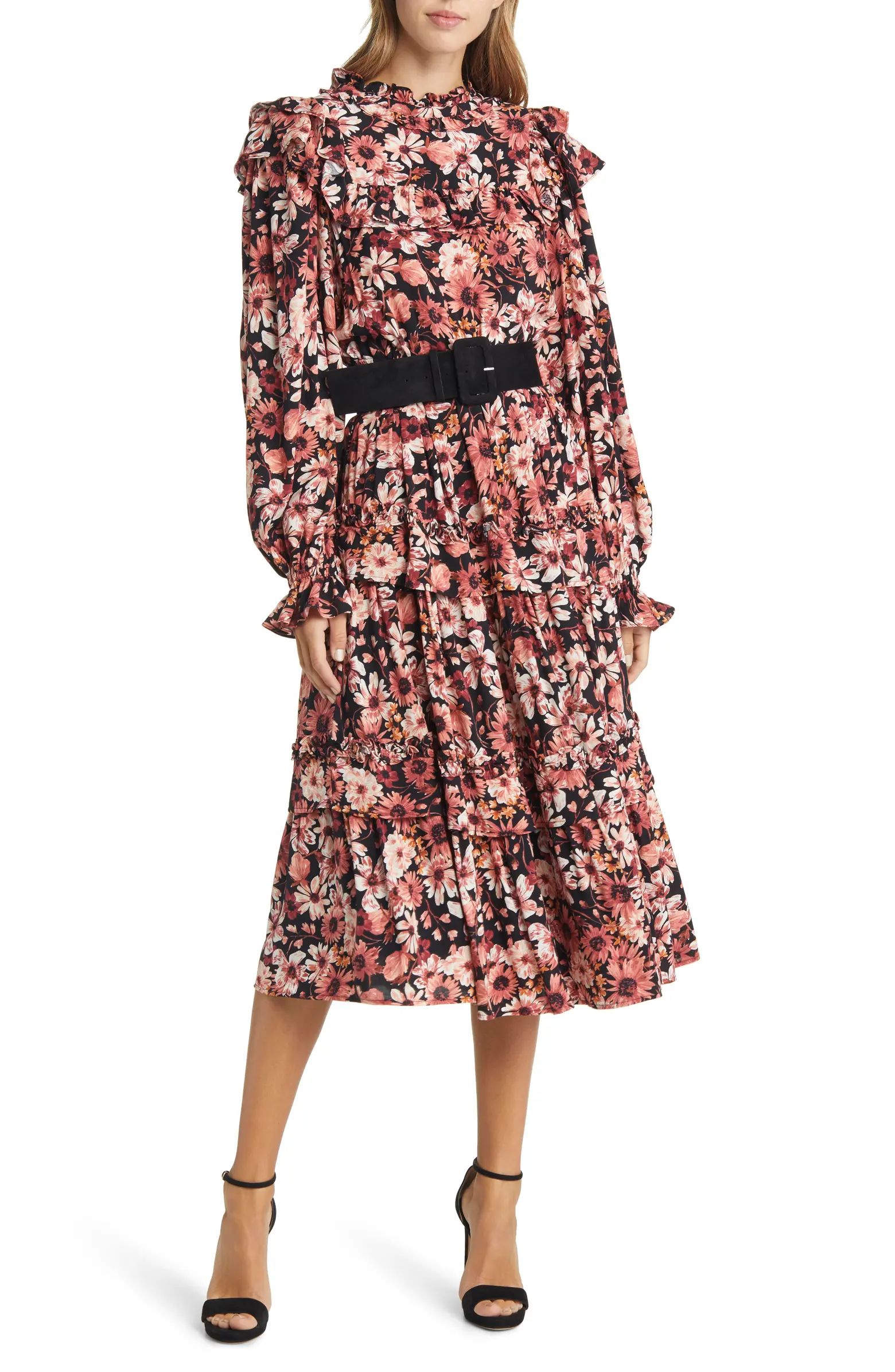 Floral Print Ruffle Long Sleeve Belted Tiered Midi Dress | Nordstrom