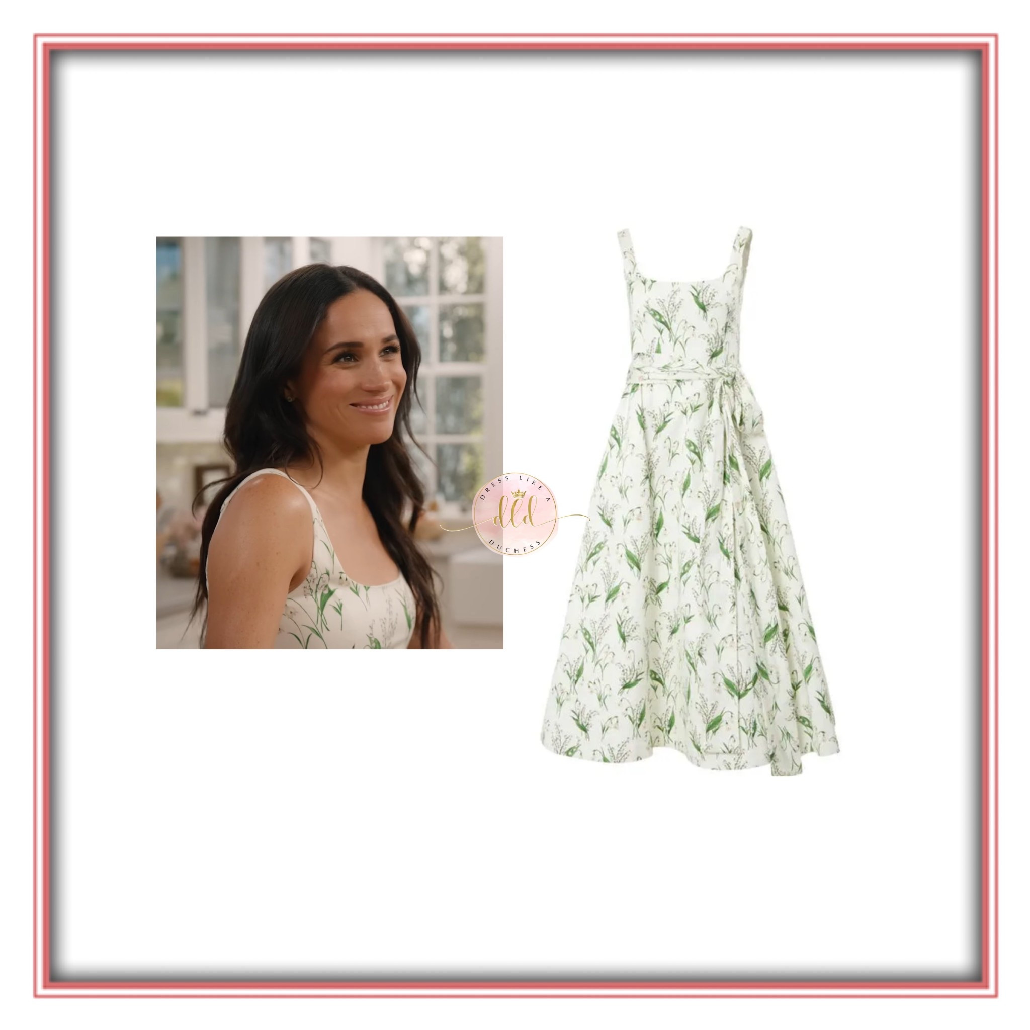 8/12/25 Meghan Markle seen in Season 2 of With Love, Meghan wearing Carolina Herrera Lily of the Valley midi dress 
