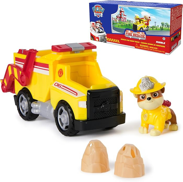 Paw Patrol Fire Rescue: Rubble Rescue Fire Dump Truck with Action Figure, Projectiles, and Toy Tr... | Amazon (US)