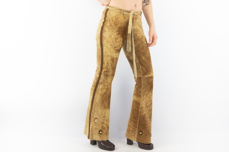 Vintage Suede Bell Bottom Pants 1990s | Brown Leather Beads & Fringe | Boho Flared Pants | Italy ... | Etsy (US)