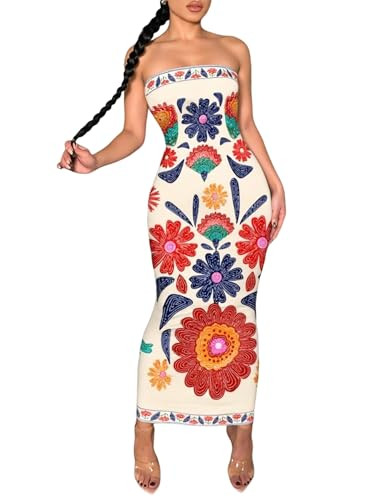 Ulovmi Women's Summer Boho Floral Strapless Maxi Tube Dress Sleeveless Bodycon Long Dresses | Amazon (US)