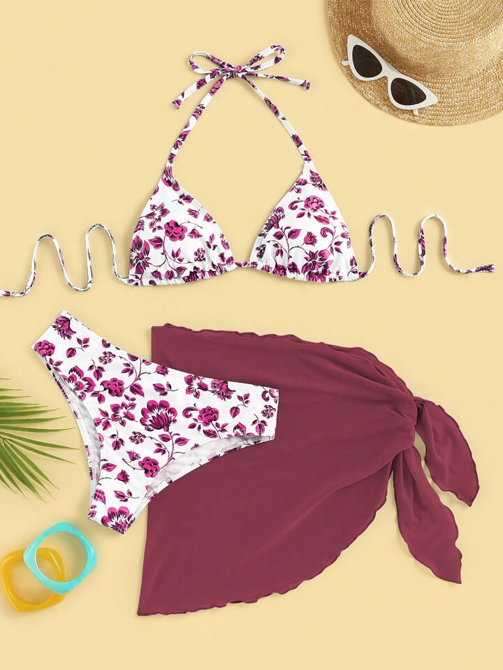 Women's Summer Beach Flower Print Halter Neck Tie Sexy Bikini Set, Matching Skirt And Print (Random) 3pcs Outfit | SHEIN