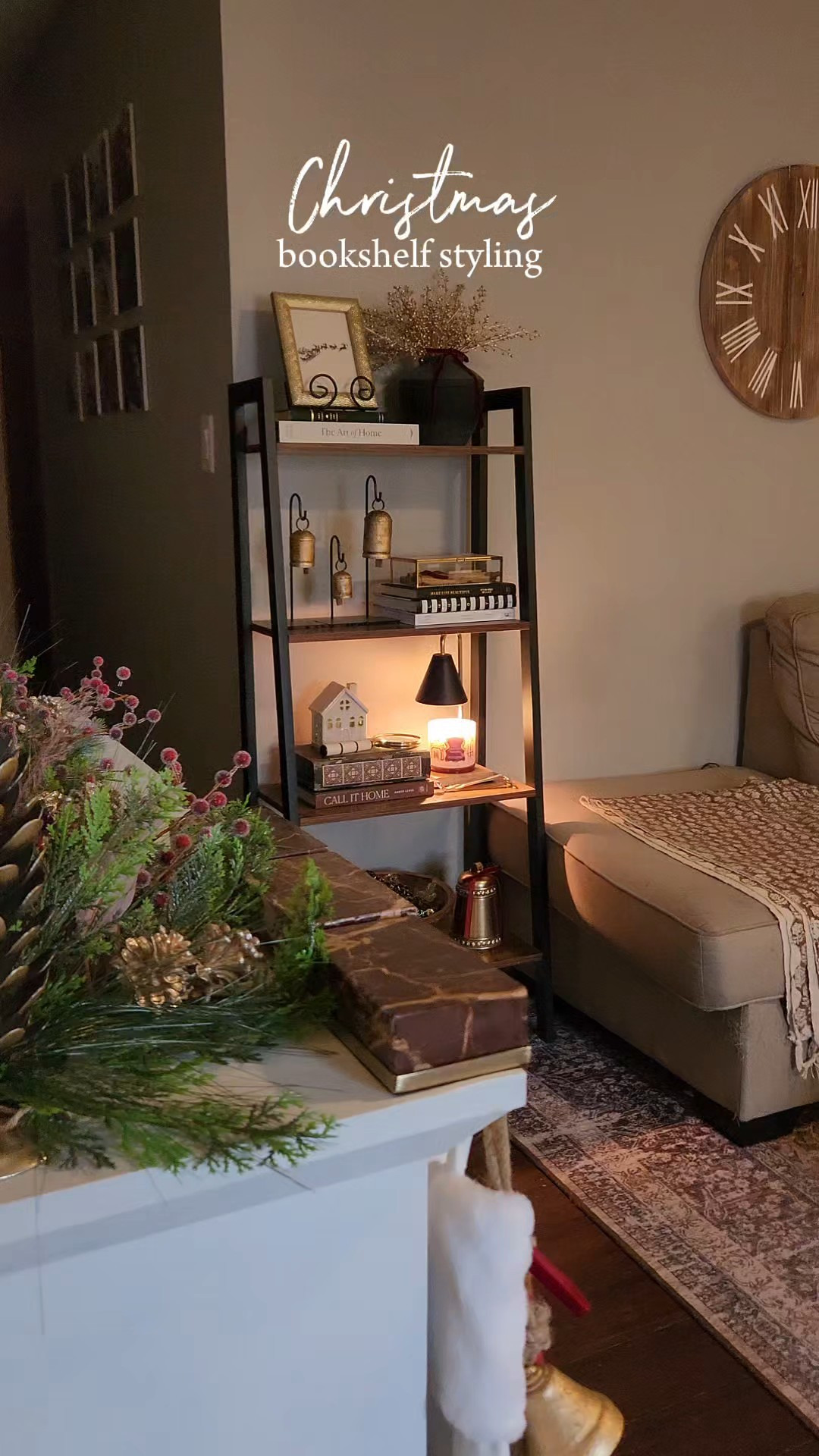 Bookshelf styling, gold rustic bells, glass box, velvet bows, candle warmer, light up house on sale for set of 3, wooden bowl, gold bell

#LTKHoliday #LTKGiftGuide #LTKHome