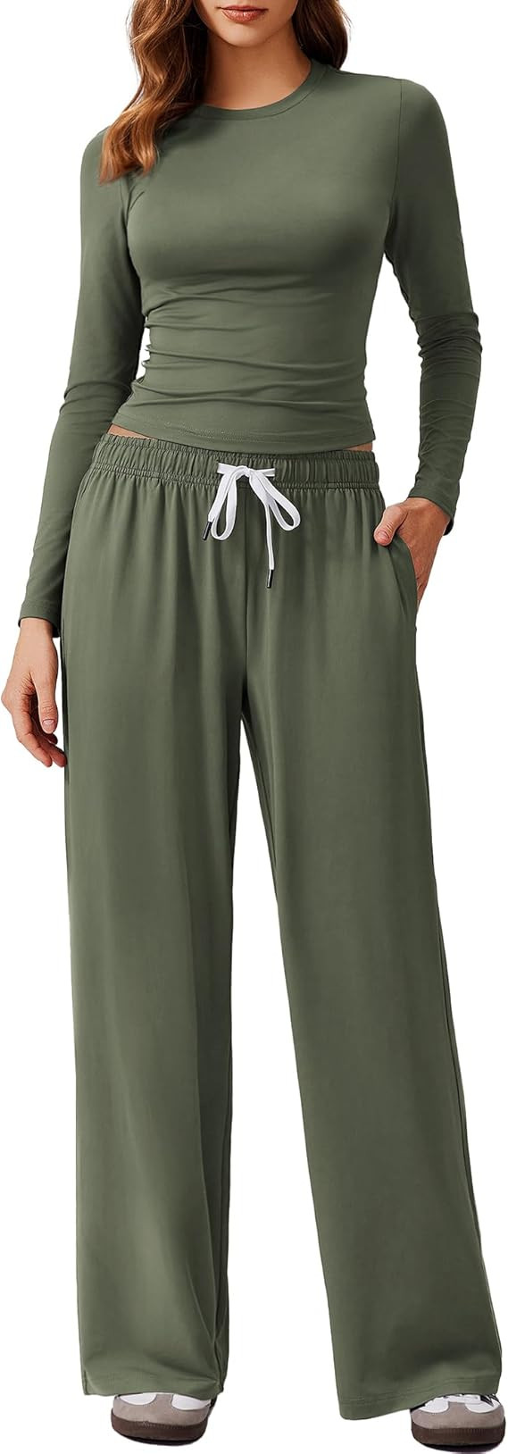 PINSPARK Women 2 Piece Lounge Set Long Sleeve Cropped Top Wide Leg Pants with Pockets 2024 Fall O... | Amazon (US)