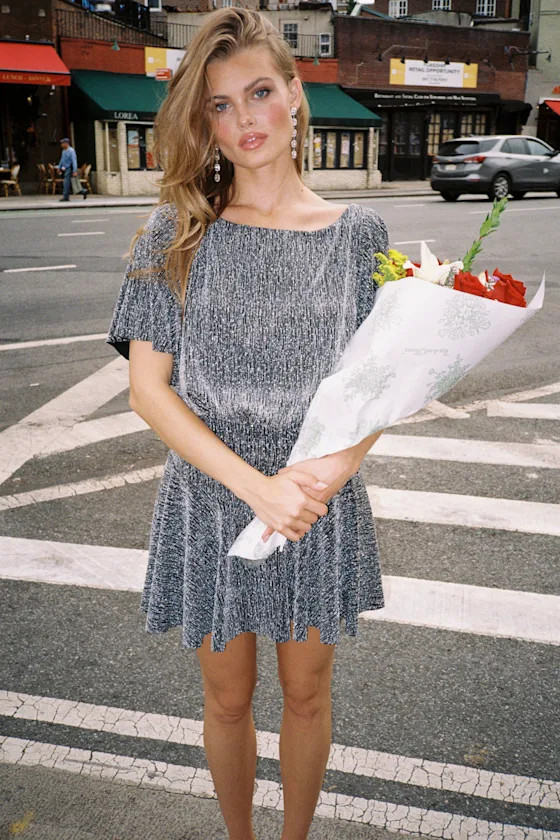 Olira Black and Silver Lurex Short Sleeve Skater Mini Dress | Lulus