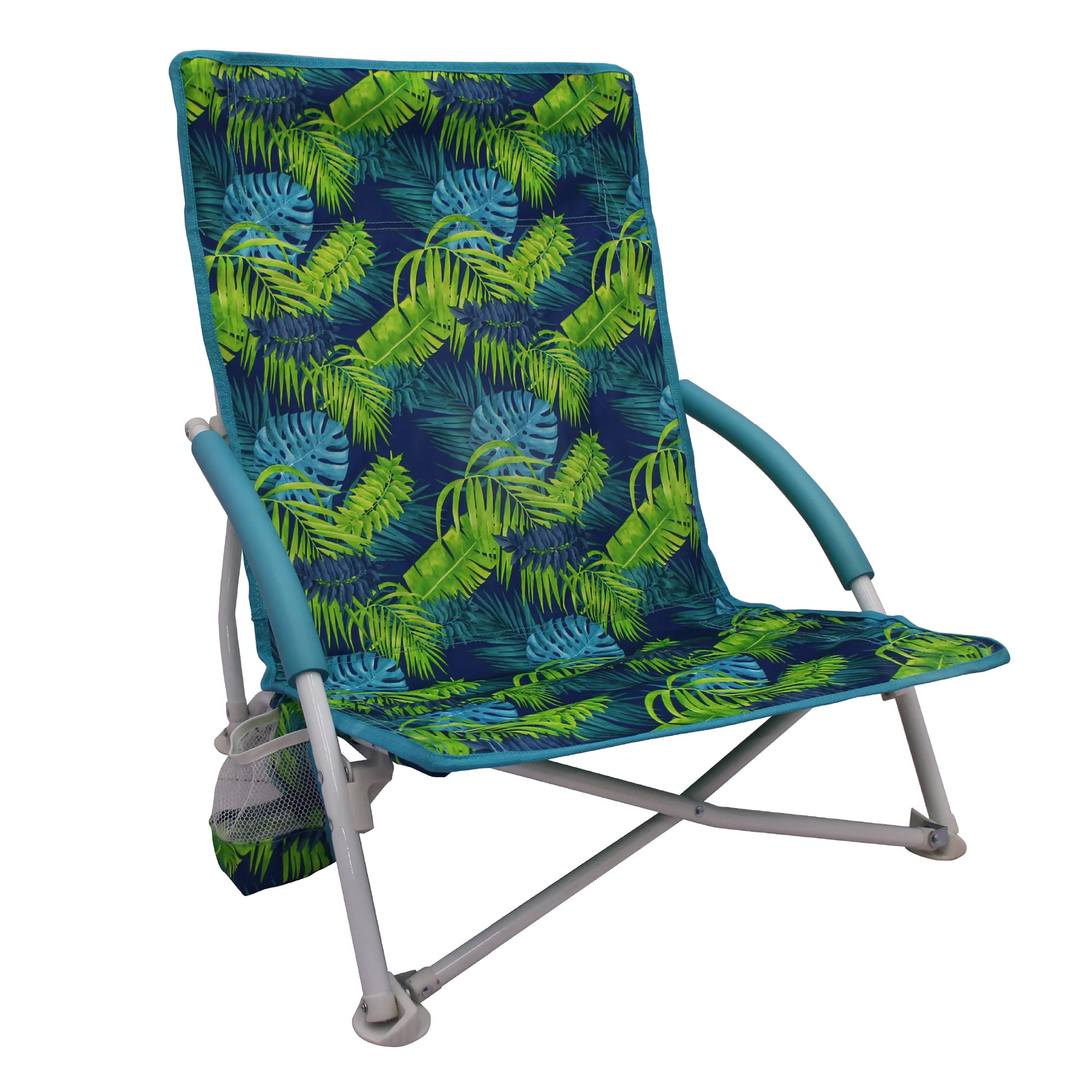Mainstays Folding Low Seat Soft Arm Beach Bag Chair with Carry Bag, Green Palm - Walmart.com | Walmart (US)