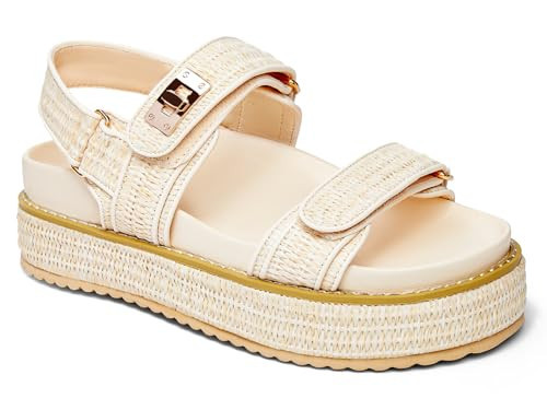 Coutgo Womens Platform Sandals Comfortable Flat Sandals Double Strap Footbed Summer Beach Sandals, Beige-Natural, Size 7 | Amazon (US)