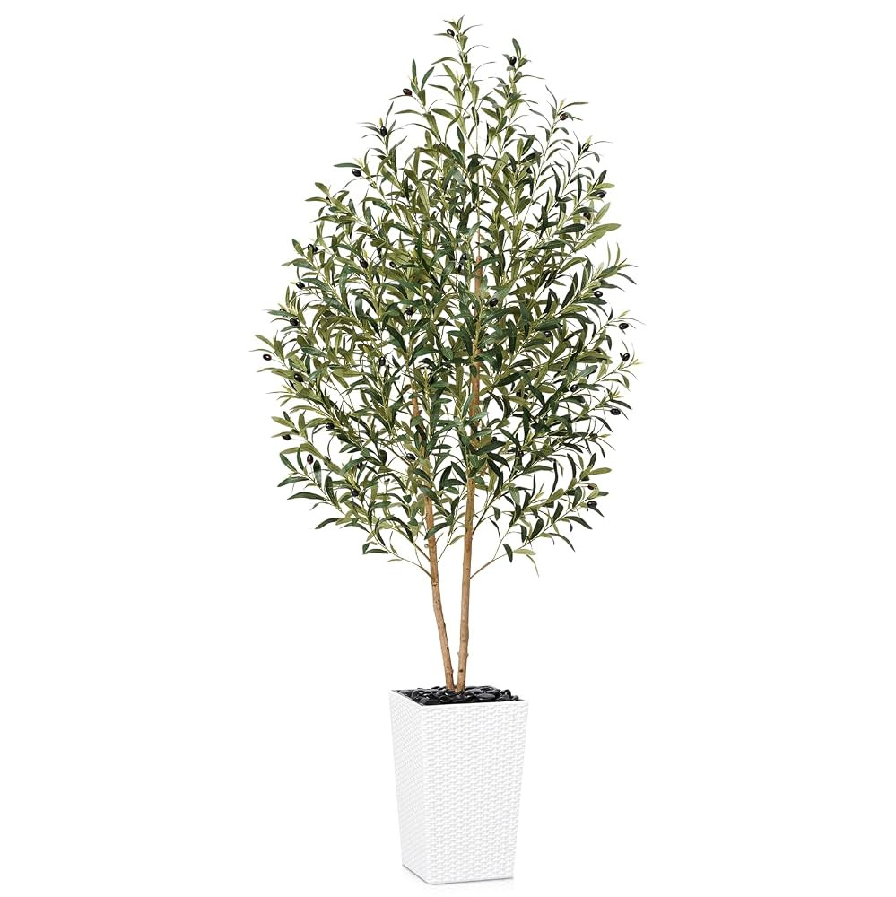 Artificial Olive Tree 6FT - Tall Faux Olive Trees with Natural Wood Trunk, Silk Leaves, White Tap... | Amazon (US)