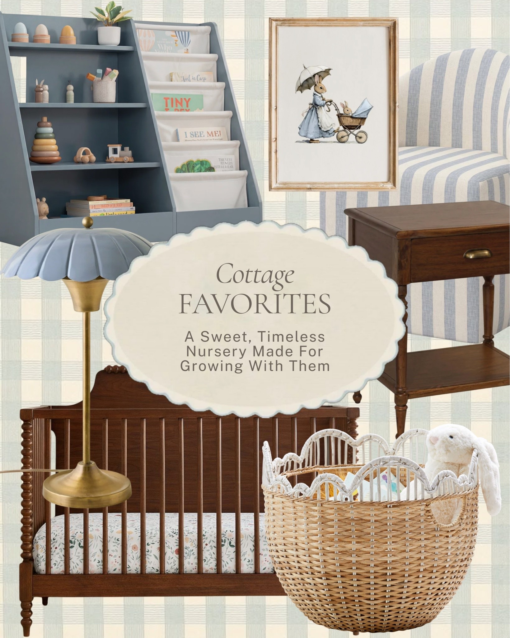 A sweet, timeless nursery made for growing with them. A warm wood crib, a scalloped brass lamp, gingham upholstery, and a woven basket for all the little essentials, nothing too precious, everything built to last well past the newborn stage.

All linked here 🤍 #LTKhome