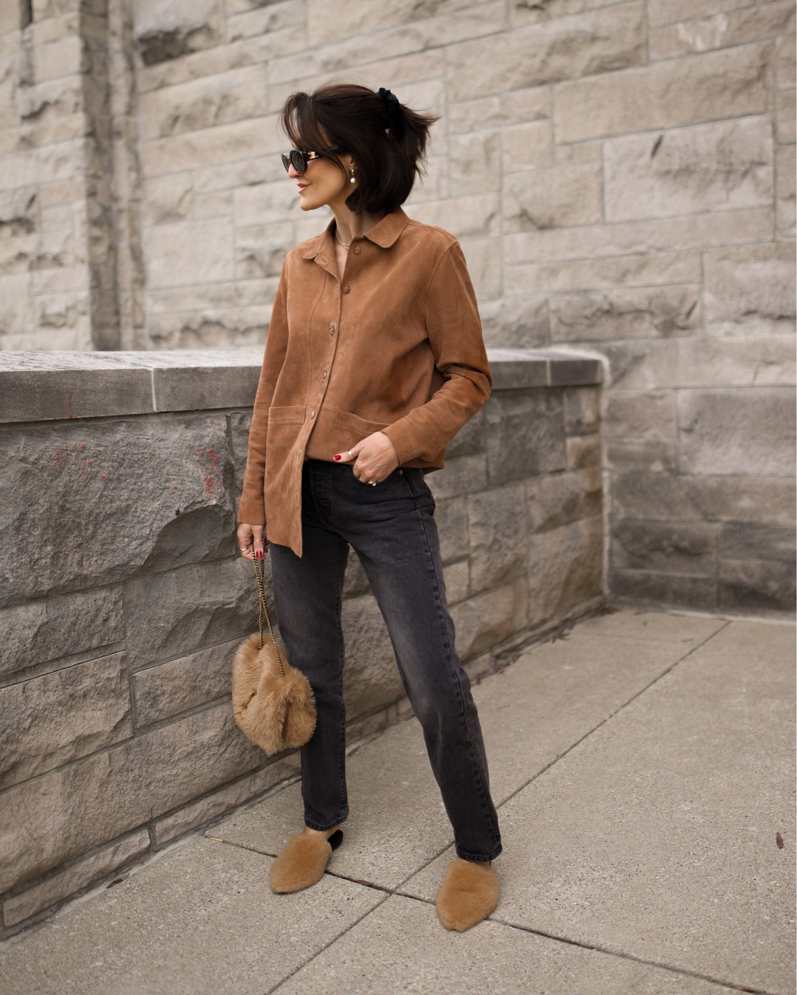 Levi’s 501 Jean in straight cut original fit. Tts/25 - Paired w suede button up shirt can be worn as a jacket or shirt. Shearling slippers and bag 

#LTKshoecrush #LTKitbag #LTKstyletip