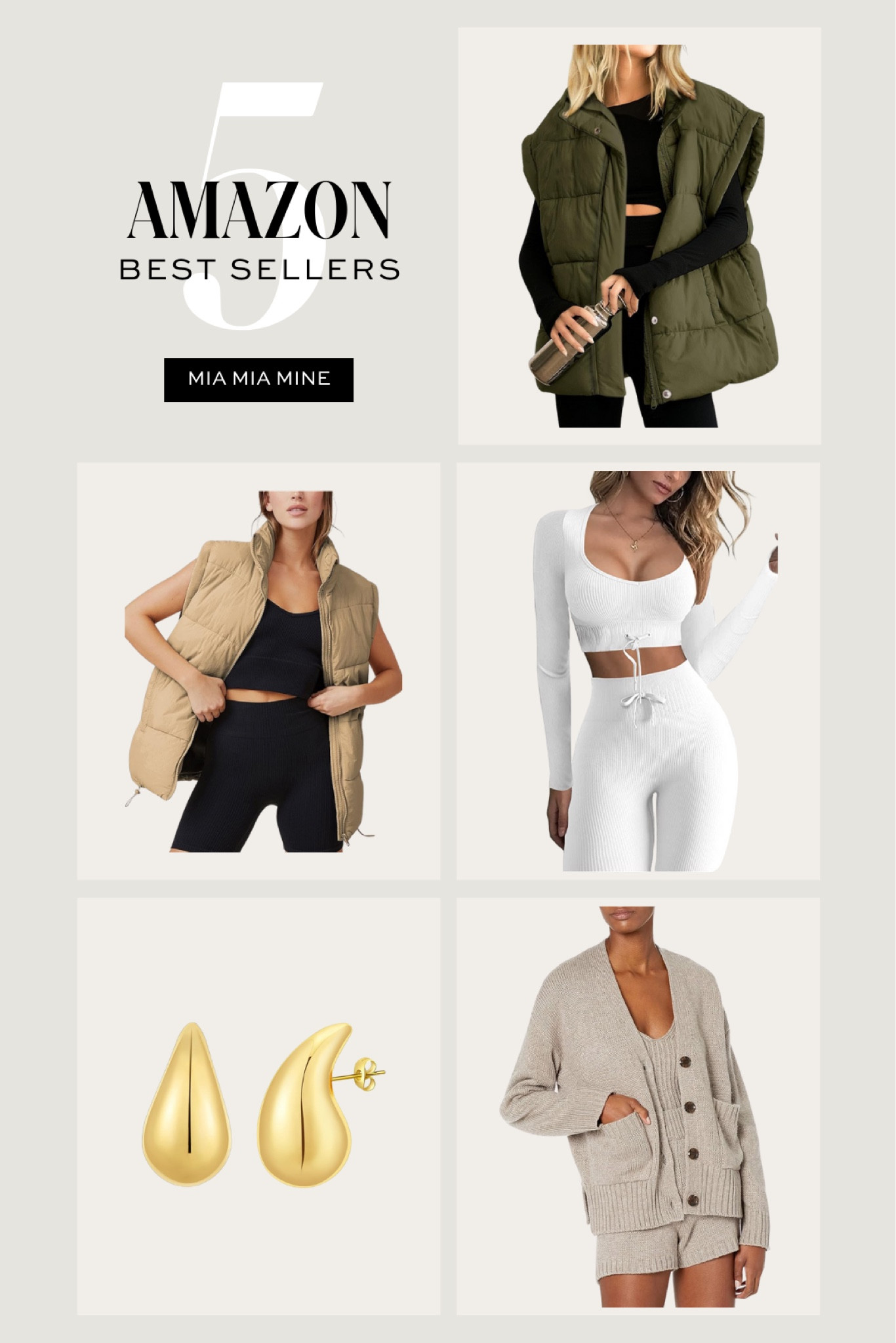 Amazon weekly best sellers on #miamiamine
Amazon olive puffer vest
Amazon beige puffer vest
Amazon ribbed knit set
Amazon water drop earrings
Amazon cardigan 

#LTKFindsUnder50 #LTKSeasonal #LTKFindsUnder100