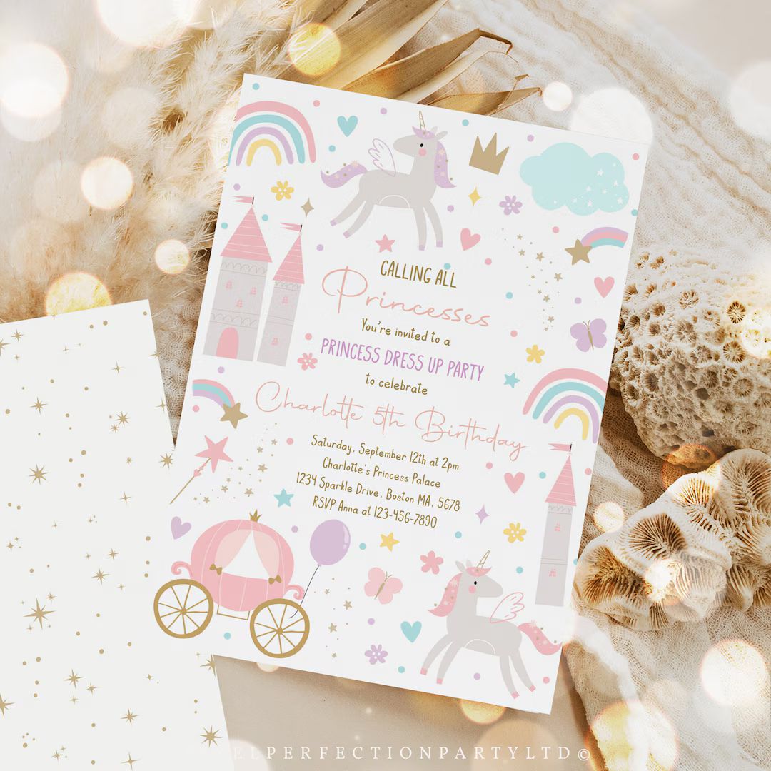 Editable Princess Birthday Party Invitation Magical Princess Dress up Birthday Pink and Gold Whim... | Etsy (US)
