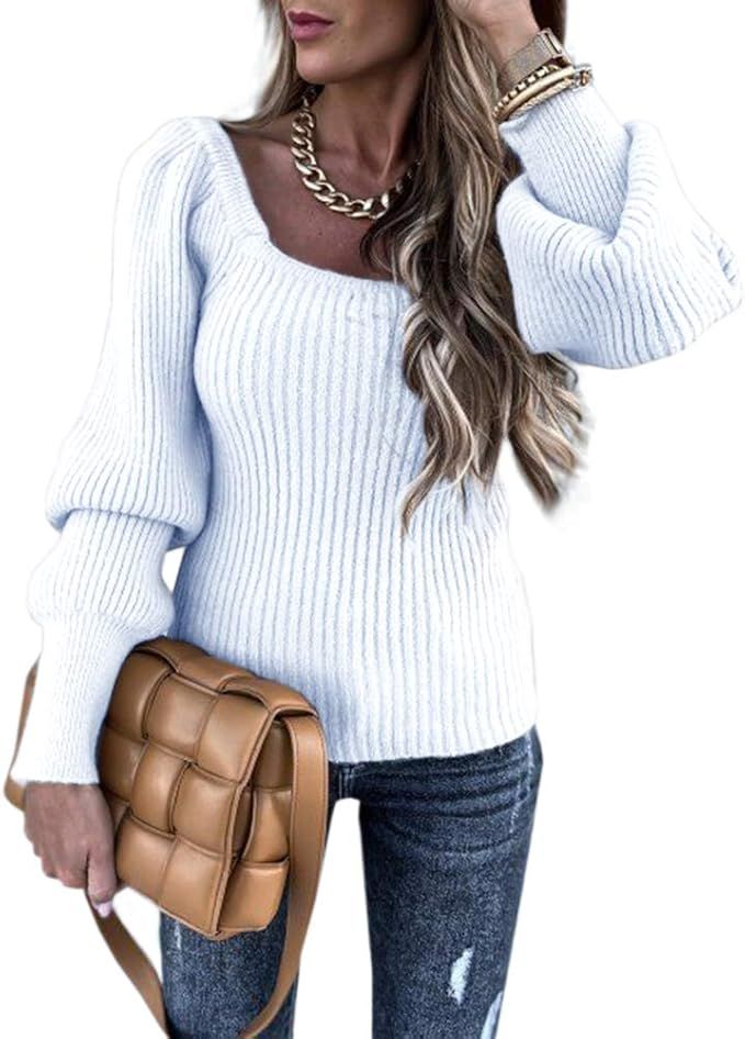 Bigyonger Womens Long Lantern Sleeves Chunky Square Neck Ribbed Knit Pullover Jumper | Amazon (US)