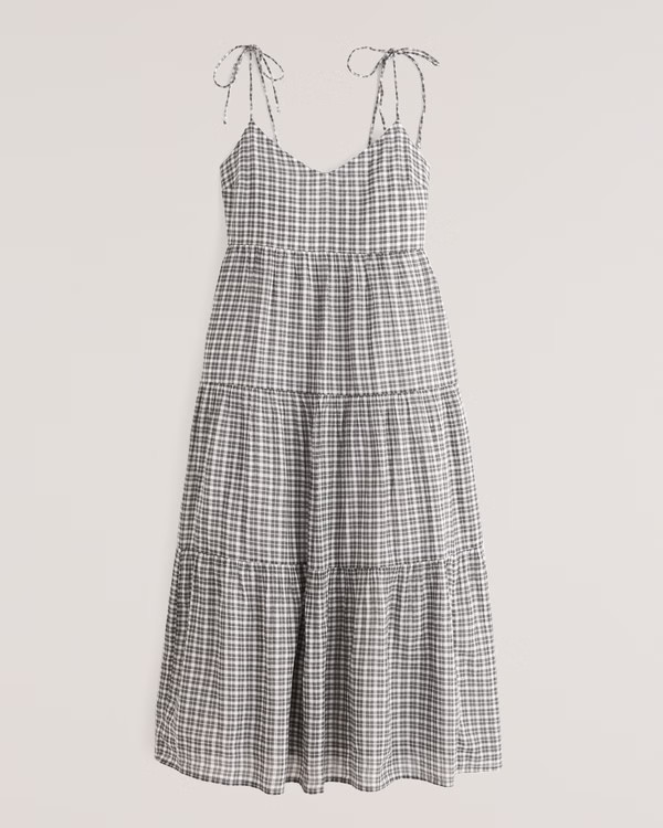 Tie-Strap Tiered Trapeze Midi Dress | Abercrombie & Fitch (US)