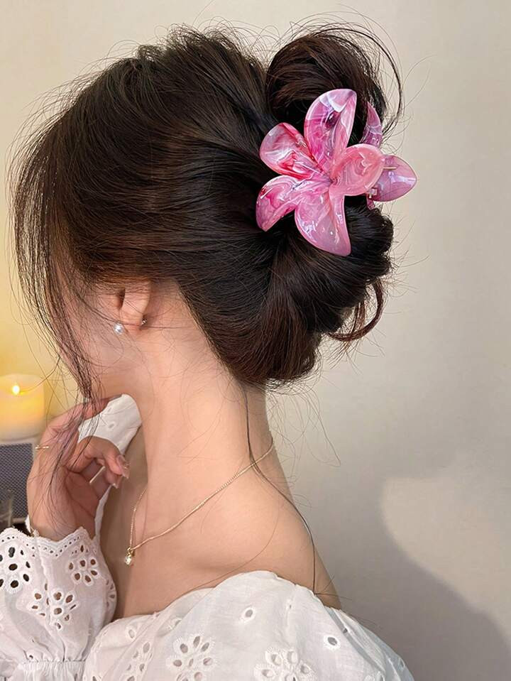 3pcs Gradient Floral Design 8cm/3.15" Large Pink & Green Plastic Hair Clips, Fashion, Elegant, Si... | SHEIN