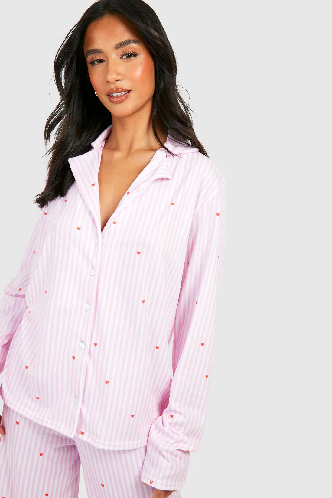 Petite Pinstripe Heart Print Long Sleeve Shirt & Trousers Pyjama Set | Boohoo.com (UK & IE)