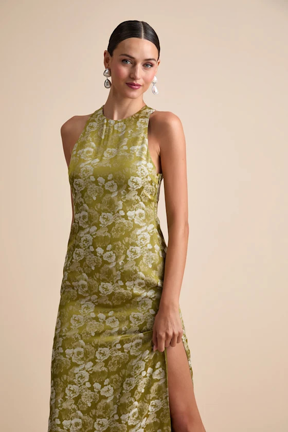 Lamila Chartreuse Floral Satin Column Maxi Dress | Lulus