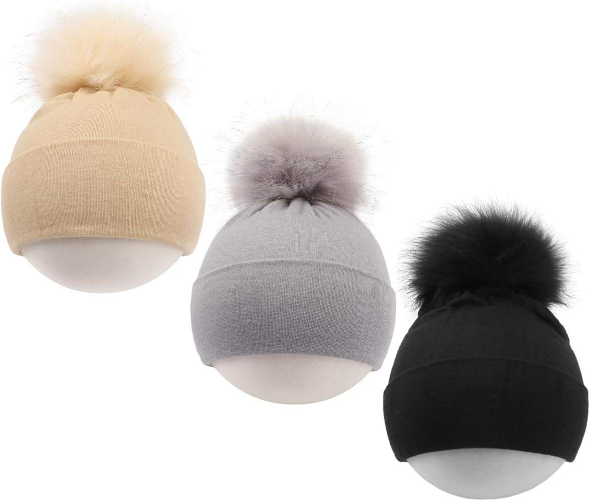 Newborn Cotton Hats 0-12 Months for Baby Boys Girls Soft Beanie Hat Infant POM Cotton Cap | Amazon (US)