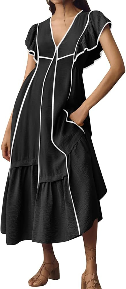 Wenrine Womens Summer V Neck Midi Dress Casual Ruffle Sleeve Contrast Color Loose Fit Flowy Long ... | Amazon (US)