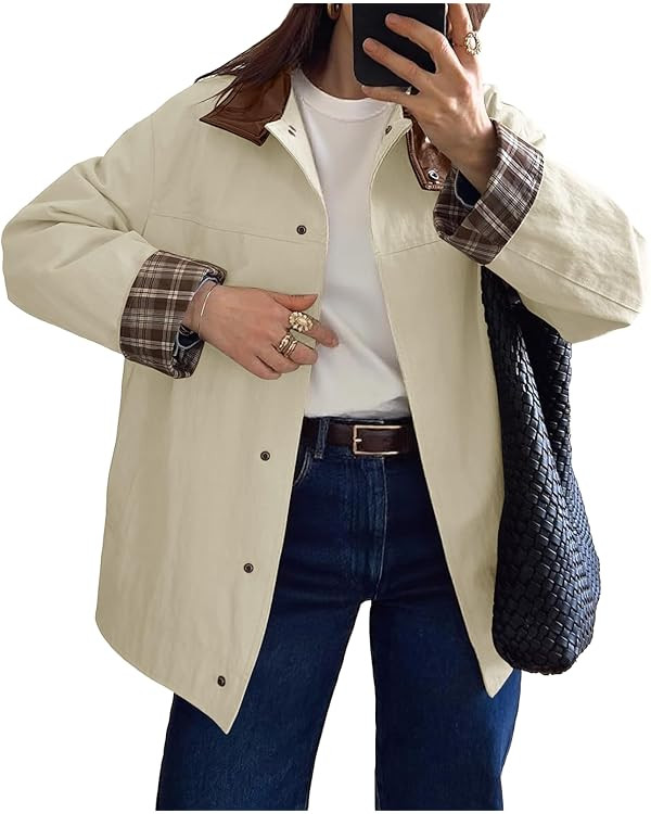 Tankaneo Womens Trench Coat Oversized Fall Barn Jacket Leather Collar Plaid Color Block Windproof... | Amazon (US)