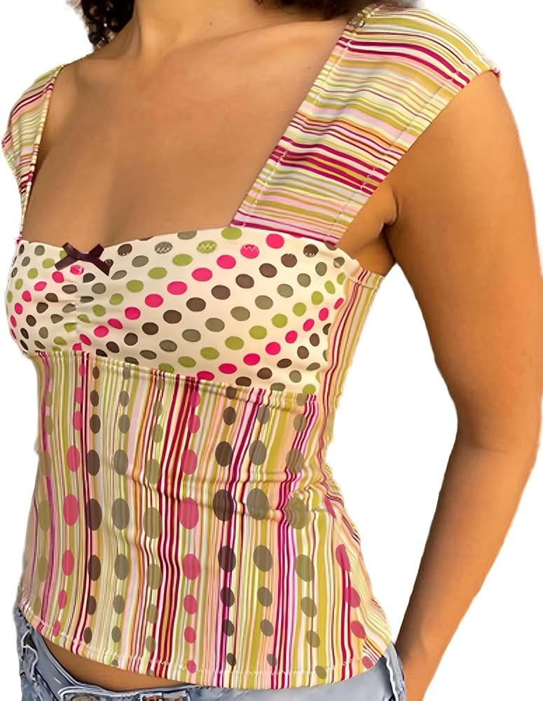 Women Y2k Floral Patchwork Cami Tank Tops Sexy Polka Dot Lace Trim Spaghetti Strap Open Back Cami... | Amazon (US)
