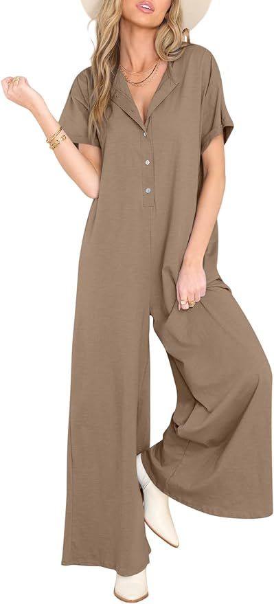 DEEP SELF Women's Casual Loose Overall Jumpsuits Front Button Short Sleeve Wide Leg Long Pants Ov... | Amazon (US)