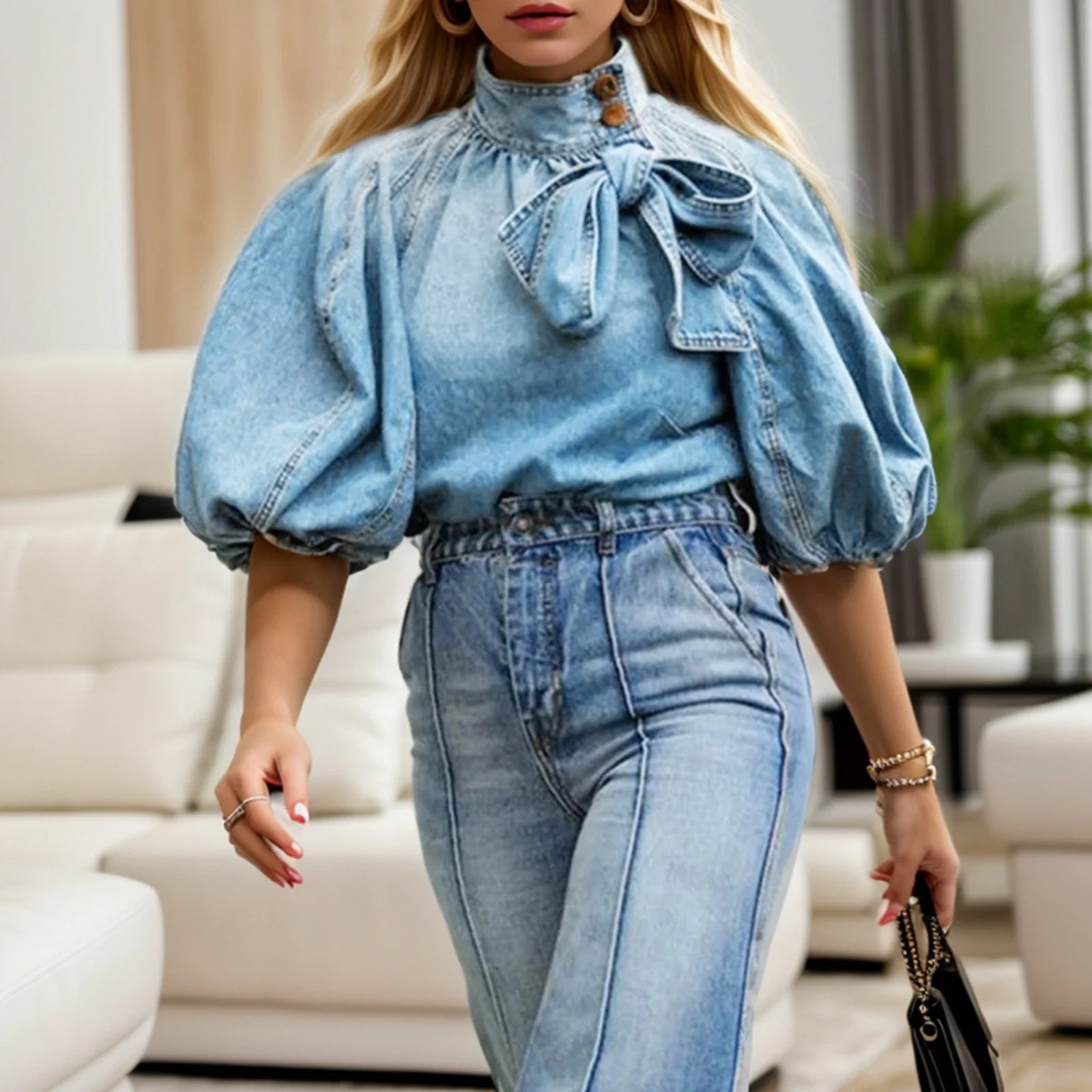 Ediodpoh Women Fashionable Design Lace Up High Button Blue Sleeve Jacket Denim Top Womens Summer ... | Walmart (US)