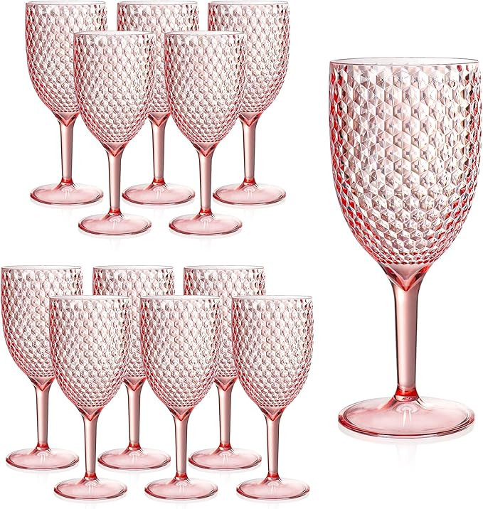 12Pcs Pink Plastic Wine Glasses 13.5oz Reusable Acrylic Wedding Goblets Toasting Glassware Unbrea... | Amazon (US)