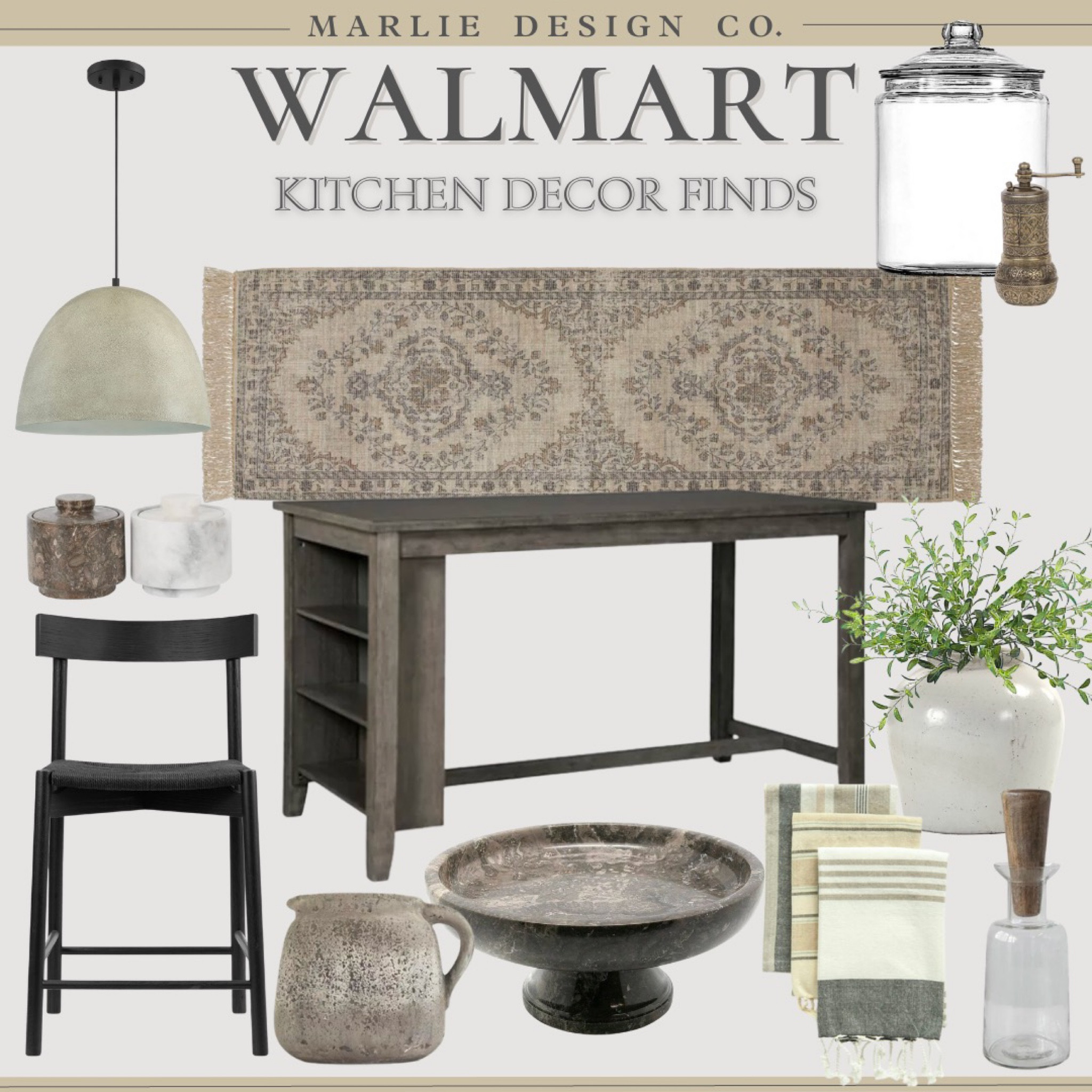Walmart Kitchen Decor | walmart
Finds | Walmart | Walmart home decor | kitchen island | pendant light | kitchen runner | vintage runner | counter stool | pedestal bowl | pepper mill | vase | pitcher | crock | faux stems | Turkish hand towels | glass canisters | salt crock | kitchen table | dining chairs | round table | decanter | neutral home | neutral kitchen decor 

#LTKunder100 #LTKunder50 #LTKhome