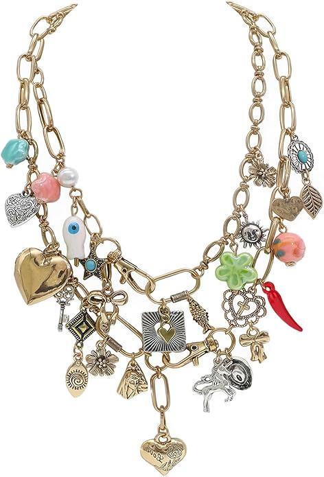 We We Chunky Antique Heart Charm Necklace for women Vintage Sun Stars Hearts Sea shell Starfish B... | Amazon (US)