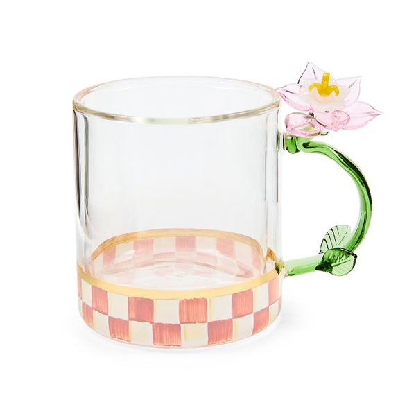 MacKenzie-Childs Rosy Check Flower Glass Mug | MacKenzie-Childs