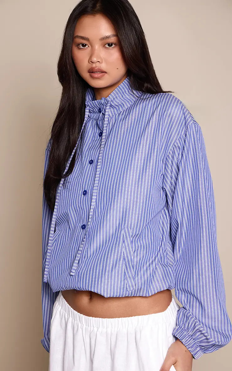 Blue Striped Print Funnel Neck Elasticated Waist Shirt | PrettyLittleThing UK