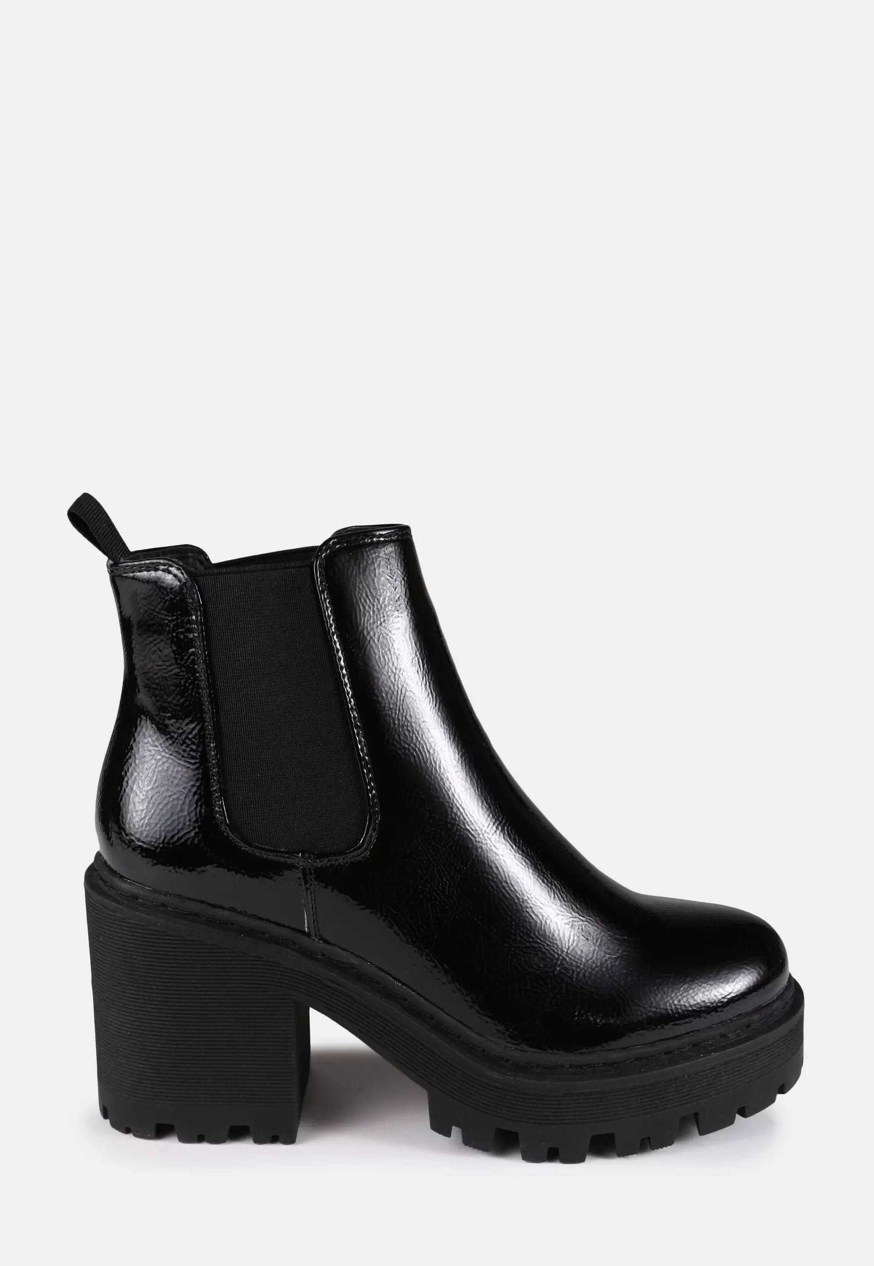 Missguided - Black Patent Cleated Sole Chelsea Boots | Missguided (US & CA)