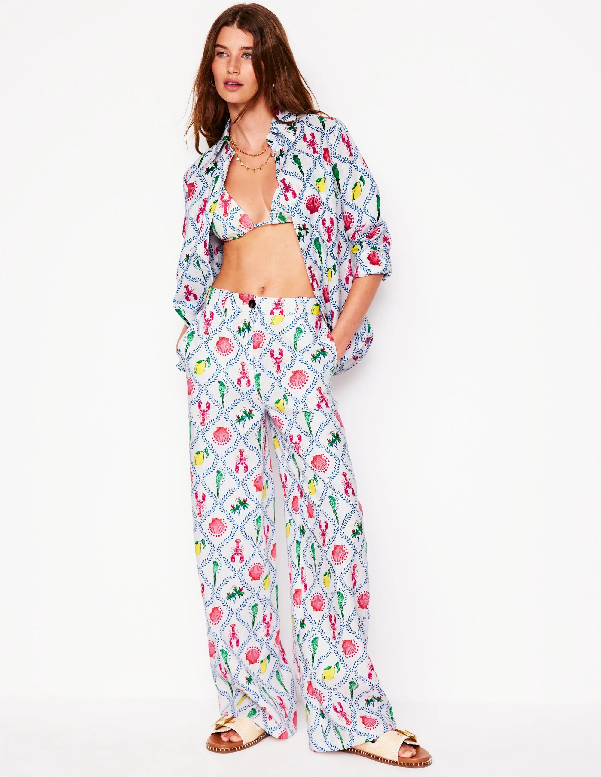 Westbourne Linen Trousers-Ivory, Tropical Bonanza Vine | Boden UK