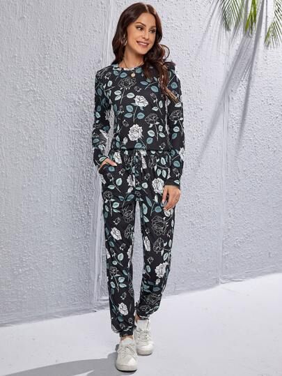 Floral Print Tee & Tie Front Sweatpants | SHEIN