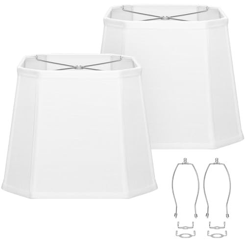 White Lamp Shades Set of 2, 10.5" x 10"x 13" Rectangle Cut Corner Medium Lampshades Natural Linen Hand Crafted, Include 2 Pack Lamp Harps, Suitable for E26 Base and Saddle Base, Easy Assembly Required | Amazon (US)