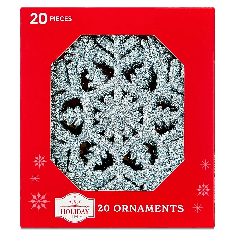 Light Blue Glitter Snowflake Christmas Ornaments, 3.9", 20 Count, by Holiday Time | Walmart (US)