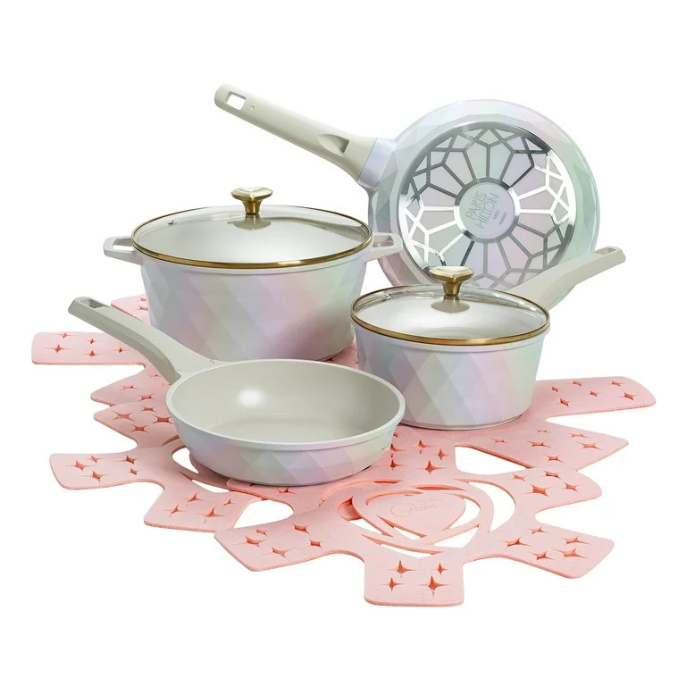 Paris Hilton 10-Piece Ceramic Nonstick Cast Aluminum Cookware Set, Clean Ceramic, White Iridescen... | Walmart (US)