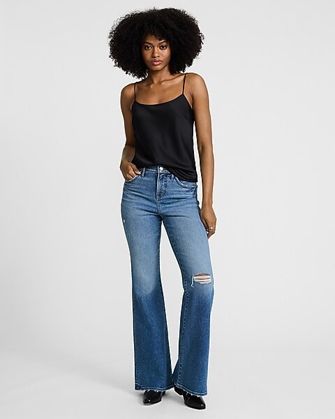 High Waisted Medium Wash Hyper Sculpt '70s Flare Jeans | Express