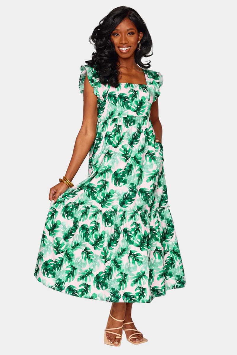 Anastasia Ruffle Shoulder Midi Dress - Palm Pretty | BuddyLove