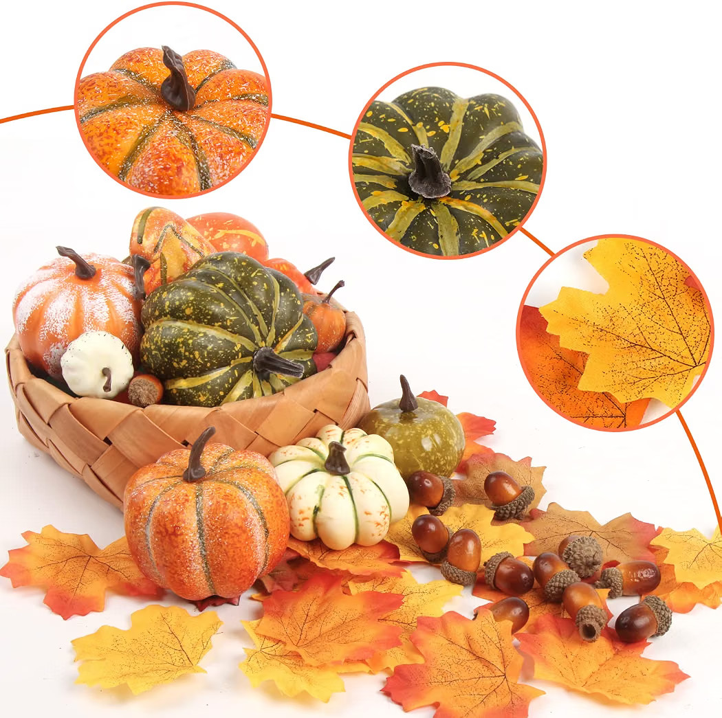 FOIMAS Mini Artificial Pumpkins,Lifelike Faux Pumpkin Gourds Acorn Maple Leaves for Halloween Fal... | Amazon (US)