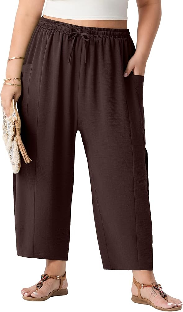 OLRIK Women's Plus Size Pants – Lightweight Cropped Wide Leg Boho Pants with Drawstring & Pocke... | Amazon (US)